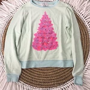 Wildfox Pink Christmas Tree Blue Pullover Sweater